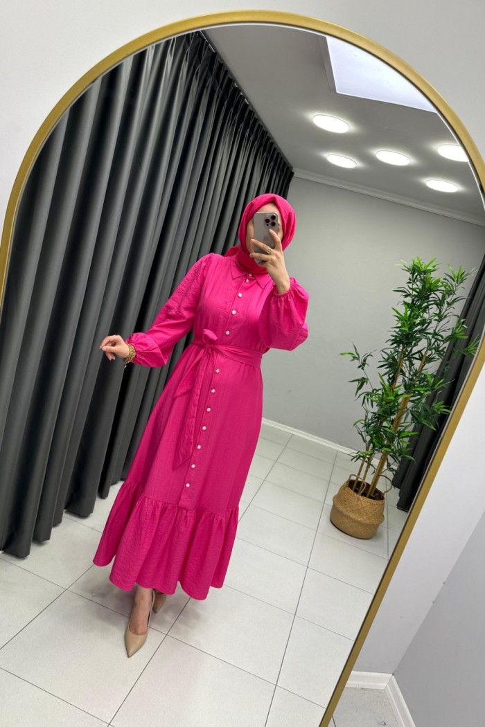 Boydan Düğmeli Elbise Koyu Pembe