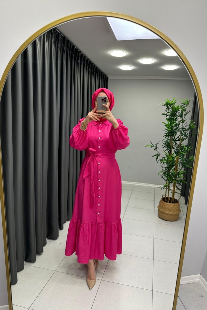 Boydan Düğmeli Elbise Koyu Pembe