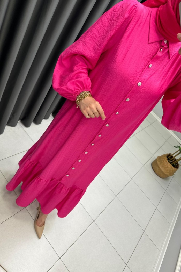 Boydan Düğmeli Elbise Koyu Pembe