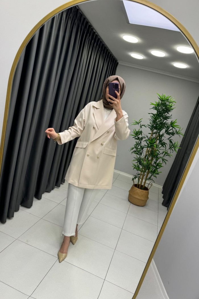 İkoll Krep Düğme Detay Blazer Ceket  Krem