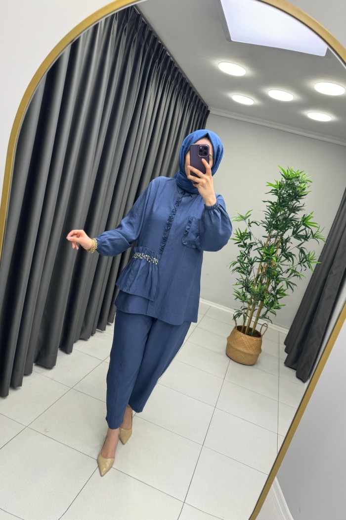 Taş Detaylı Keten Takım Mavi