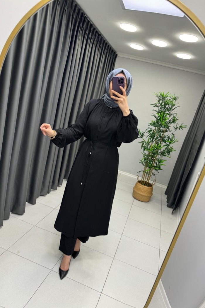 Naqshe Çilek İpek Tam Tesettür Takım  Siyah