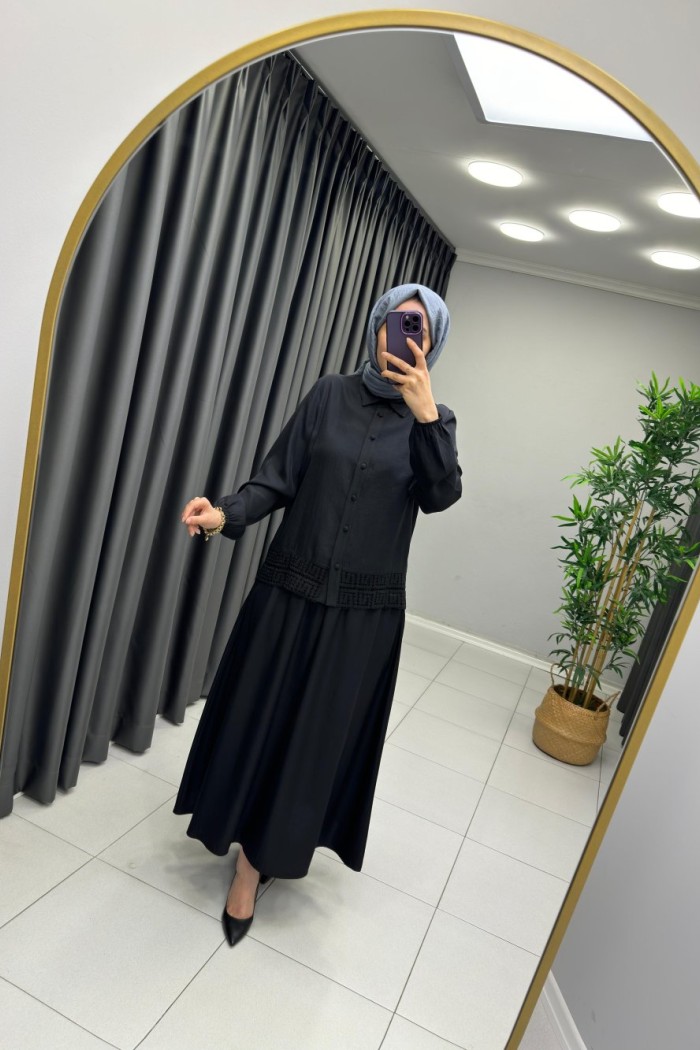 Dantel Detaylı Etekli Takım Siyah
