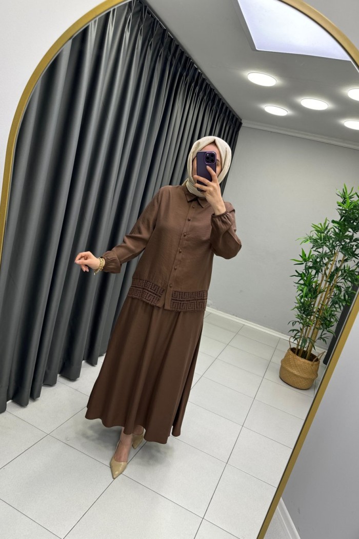 Dantel Detaylı Etekli Takım Acı Kahve