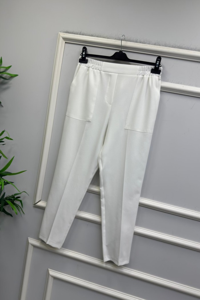 BELİ LASTİKLİ KREP  KUMAŞ PANTOLON  Beyaz
