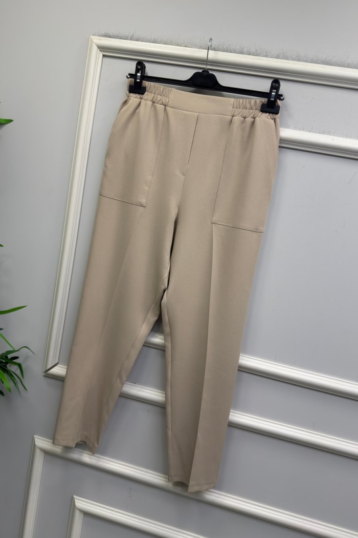 BELİ LASTİKLİ KREP  KUMAŞ PANTOLON  Taş Rengi