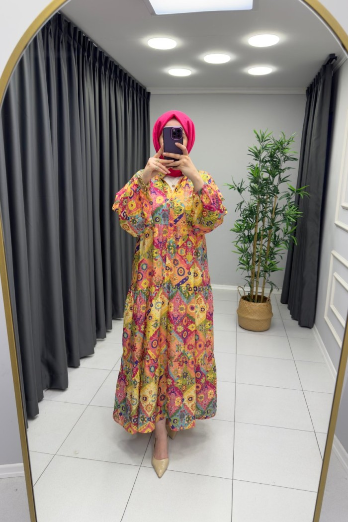 Etnik Karışık Desenli Mango Kumaş Elbise Çizgili Pembe