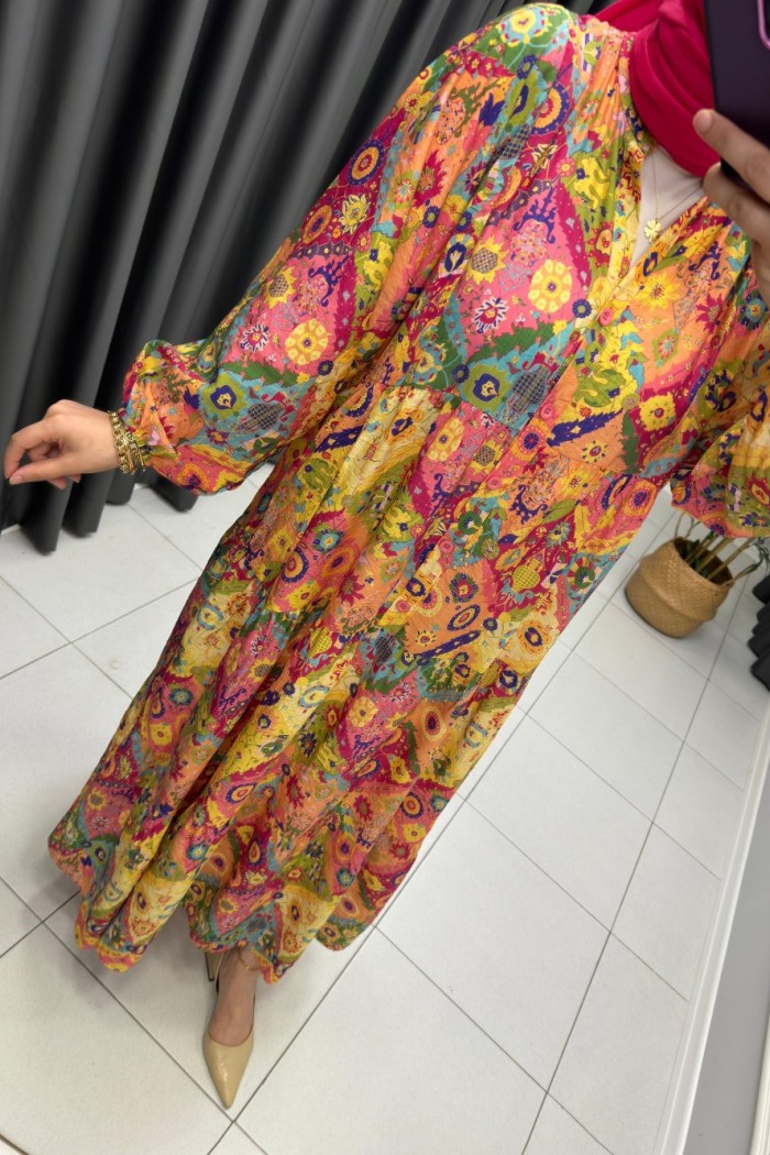 Etnik Karışık Desenli Mango Kumaş Elbise Çizgili Pembe