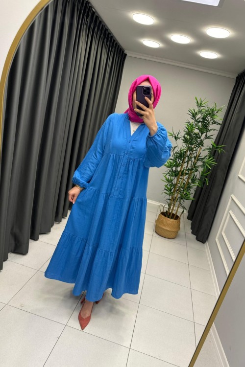 Melike %100 Pamuk Keten Elbise Mavi
