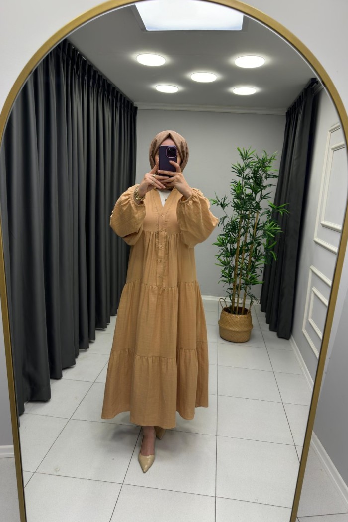 Melike %100 Pamuk Keten Elbise Camel