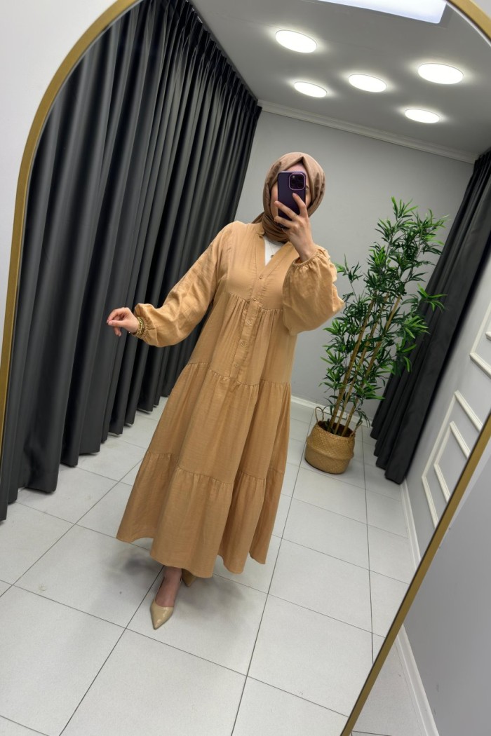 Melike %100 Pamuk Keten Elbise Camel