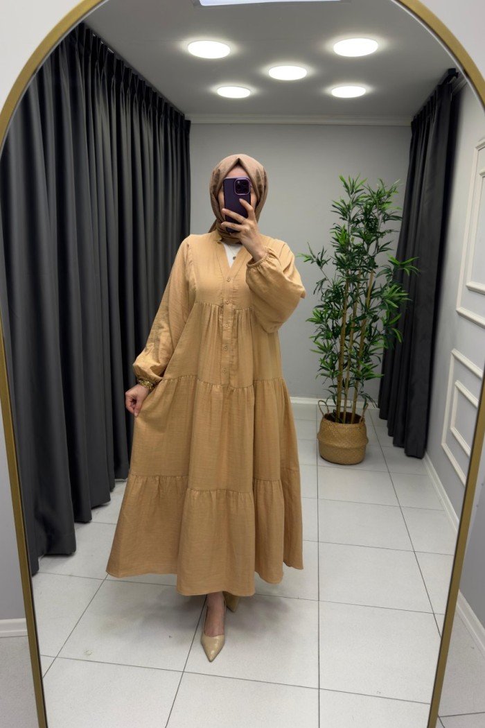 Melike %100 Pamuk Keten Elbise Camel