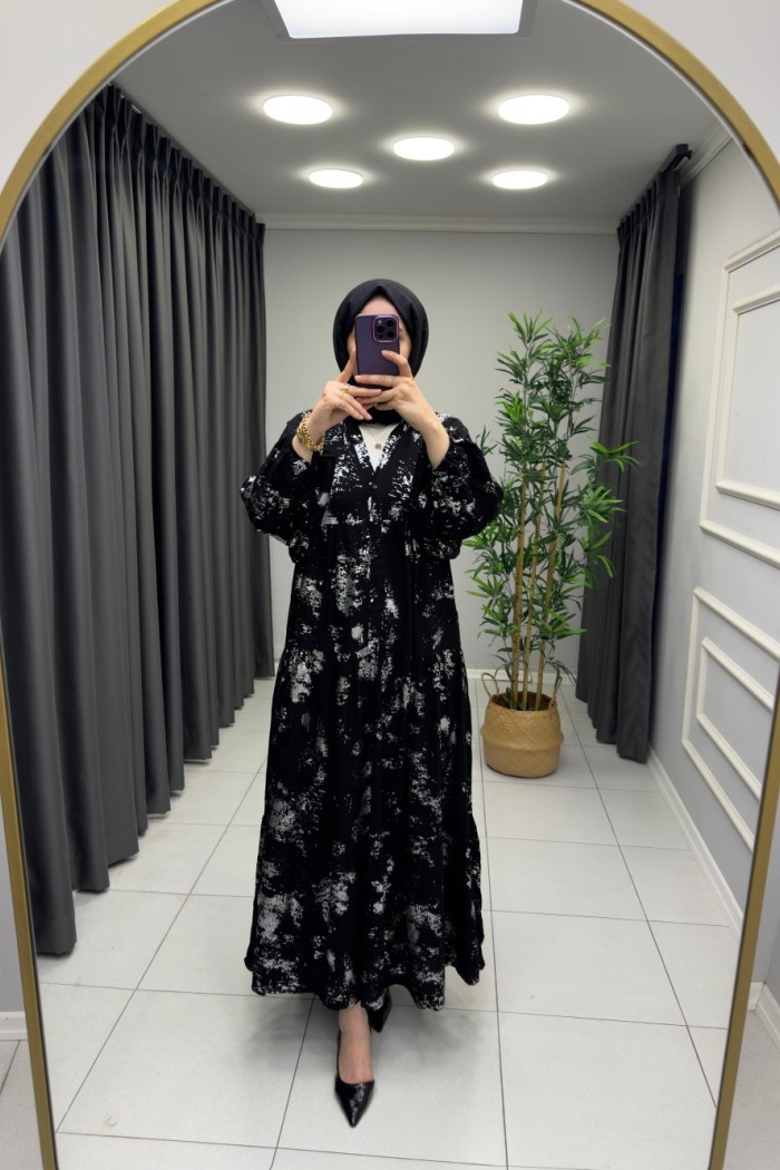 Gece  Varak Baskılı Viskon Pamuk Elbise Siyah