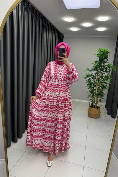 ZİKZAK DESEN PAMUKLU ELBİSE Pembe