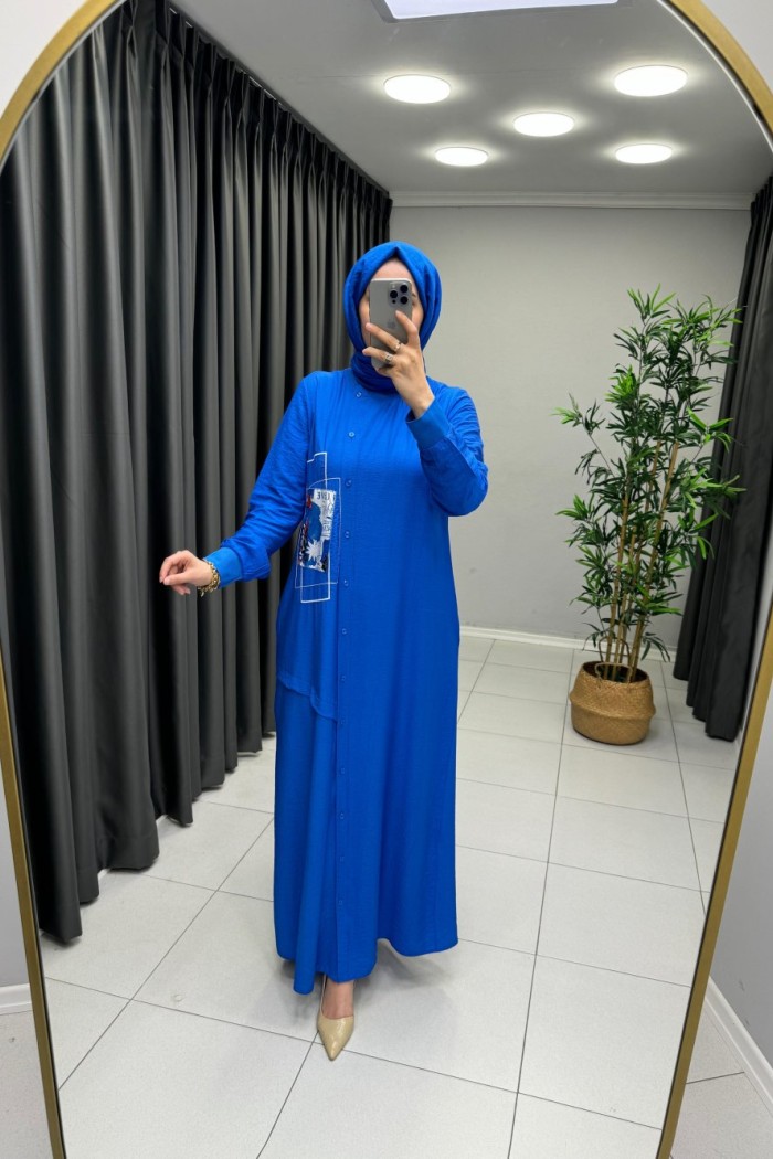 Çağla Çilek Kumaş Elbise Saks Mavisi