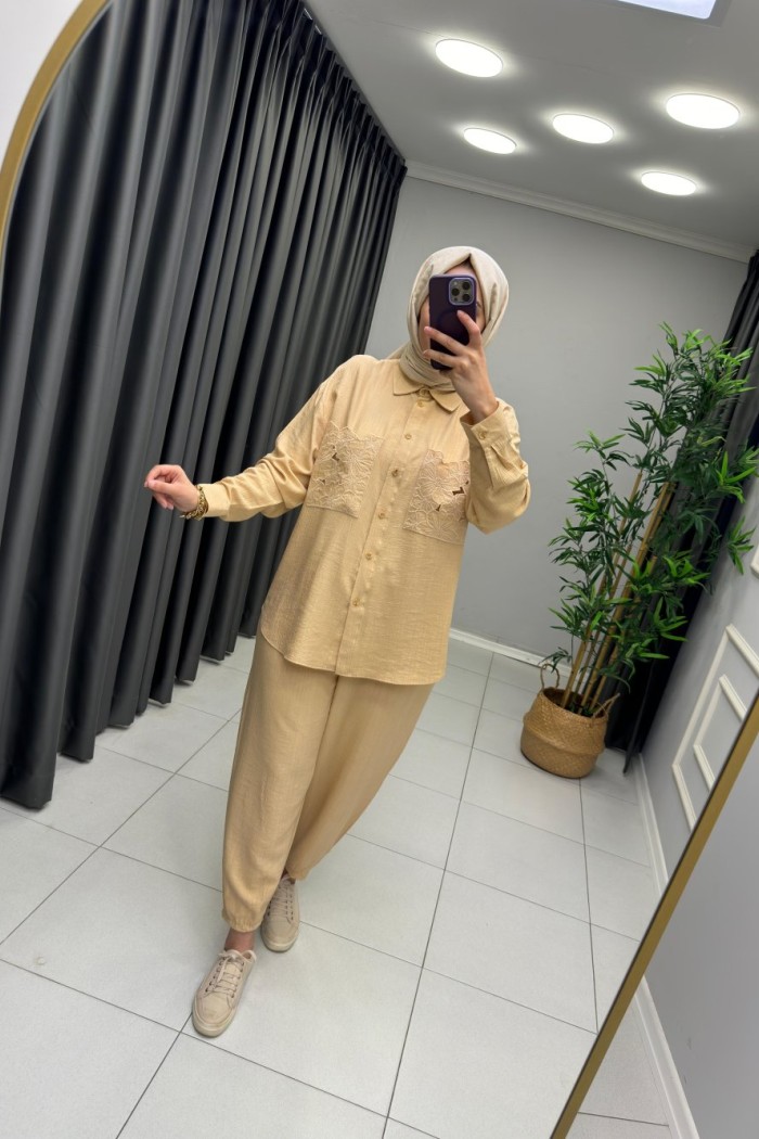 Sofya Gömlekli Cep Detaylı  Takım Camel