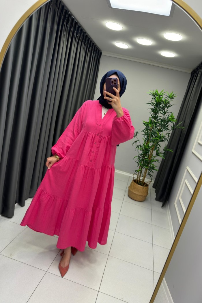 Melike %100 Pamuk Keten Elbise Pembe