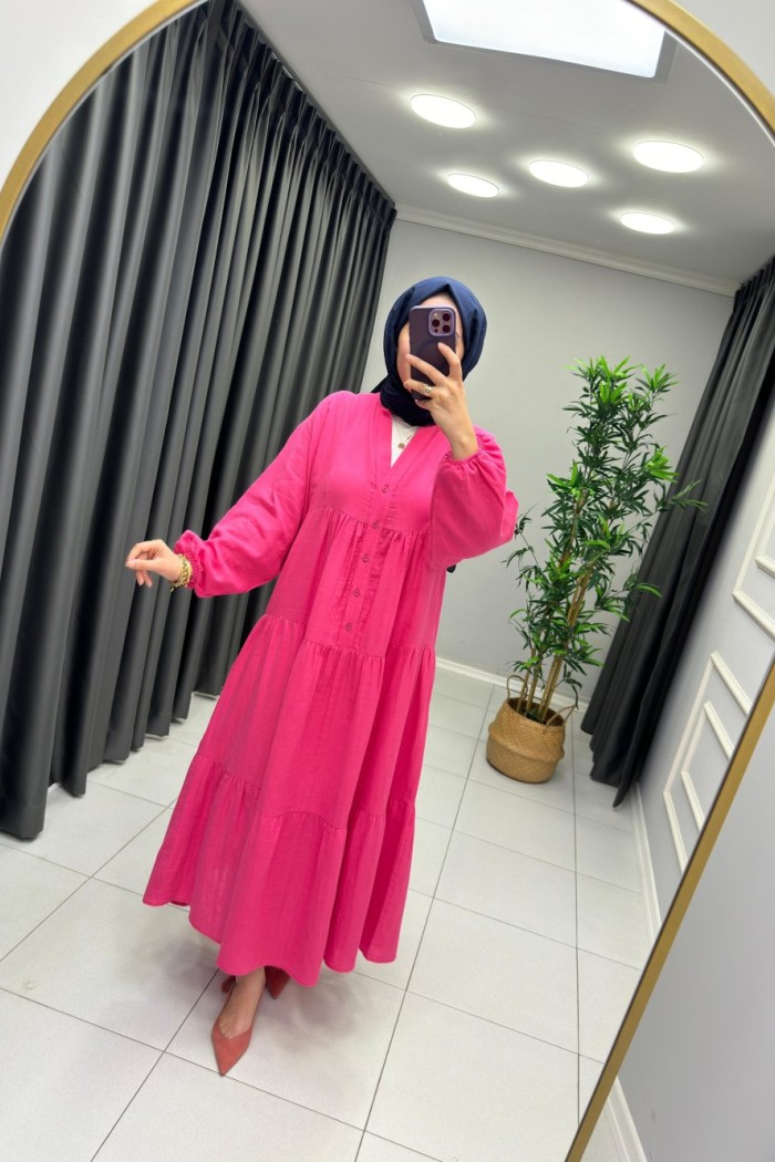 Melike %100 Pamuk Keten Elbise Pembe