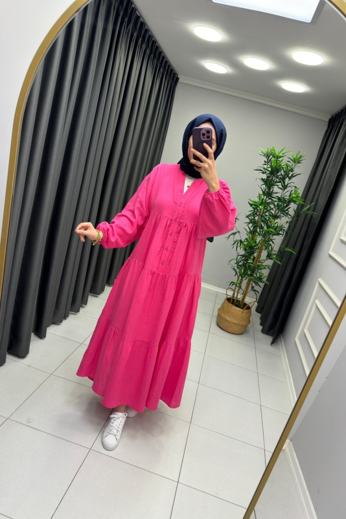 Melike %100 Pamuk Keten Elbise Pembe