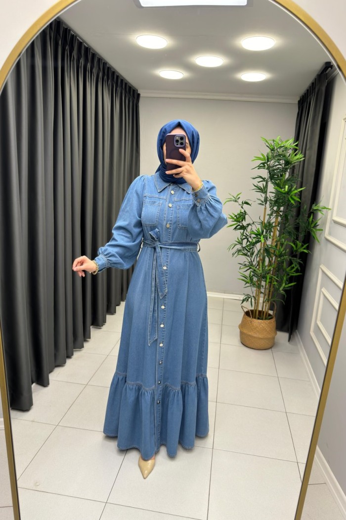 Jasmin Önü Düğme Detaylı Kot Elbise Mavi