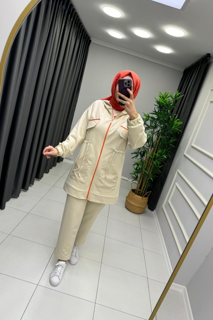 Paraşüt Kumaş Detaylı Takım Krem