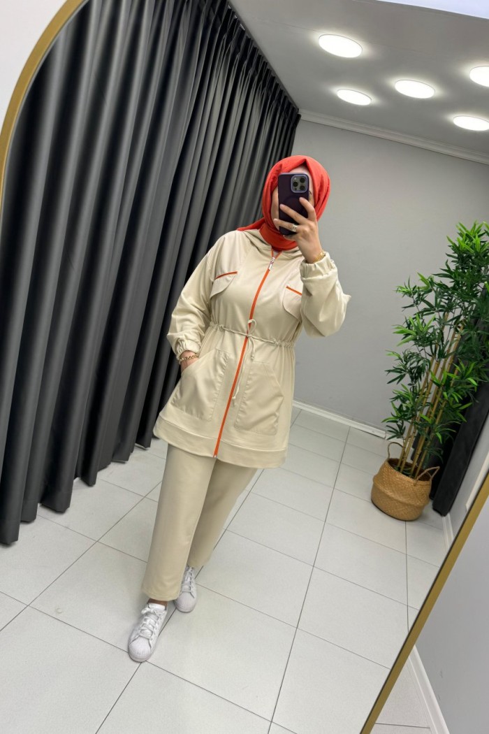 Paraşüt Kumaş Detaylı Takım Krem