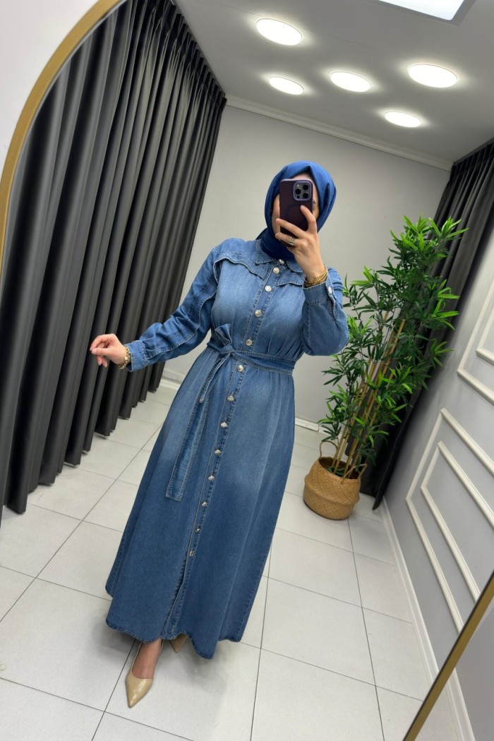 Nervür Detaylı Kot Elbise Mavi