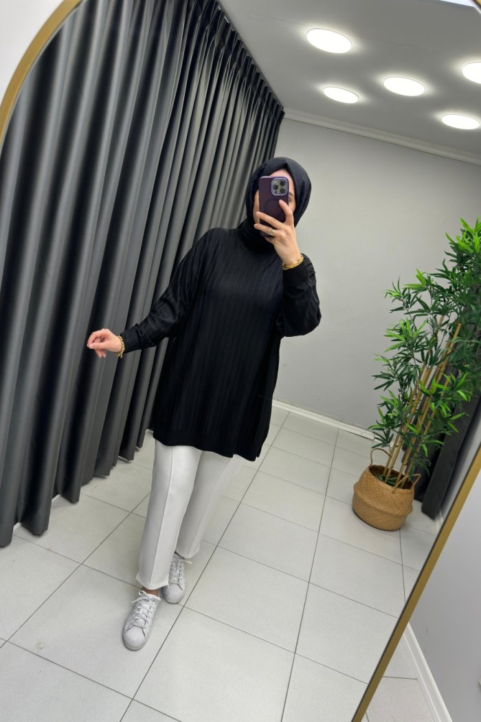 Soğuk İp Merserize Cizgili Tunik Siyah