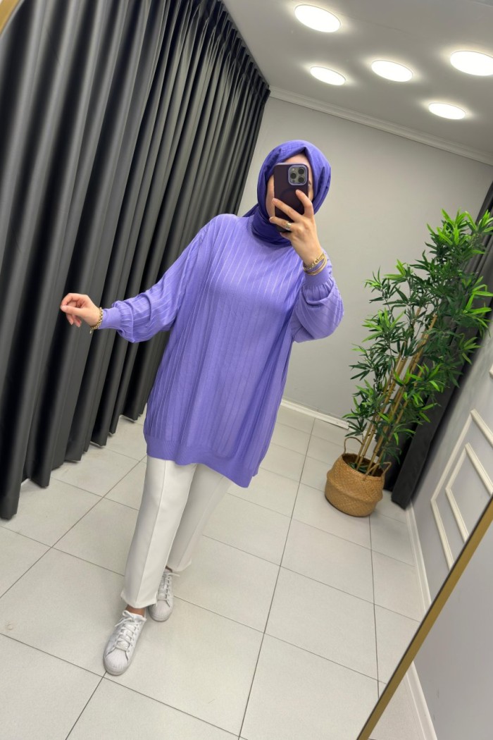 Soğuk İp Merserize Cizgili Tunik Lila