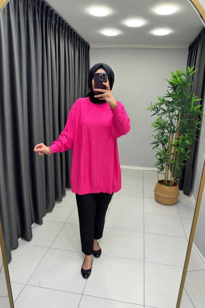 Soğuk İp Merserize Cizgili Tunik Pembe