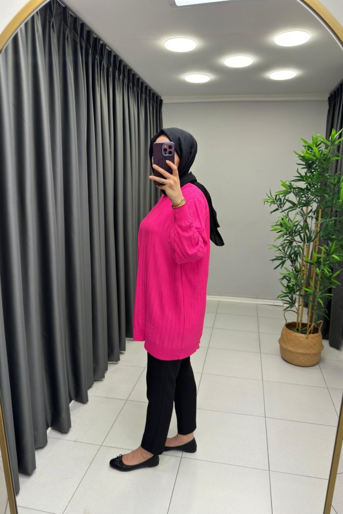 Soğuk İp Merserize Cizgili Tunik Pembe