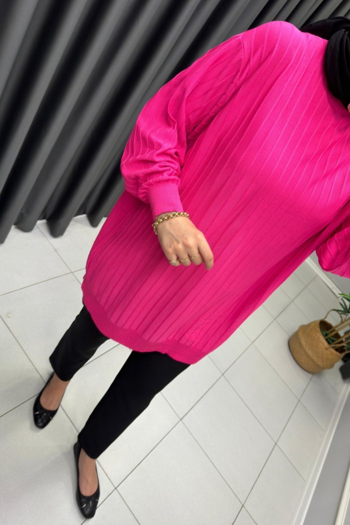 Soğuk İp Merserize Cizgili Tunik Pembe