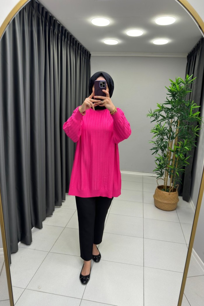Soğuk İp Merserize Cizgili Tunik Pembe