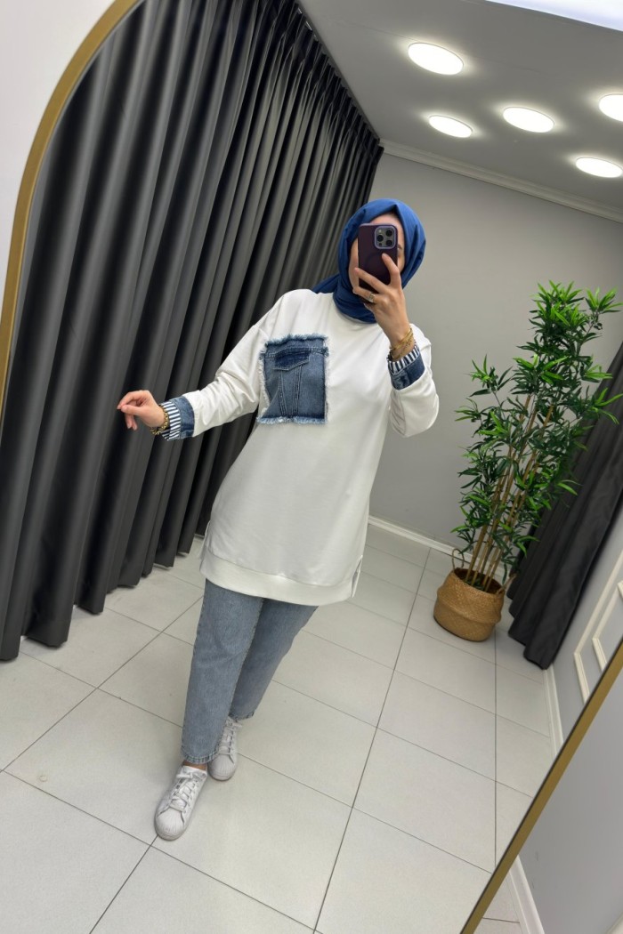 Kot Detaylı Puane Sweat  Beyaz