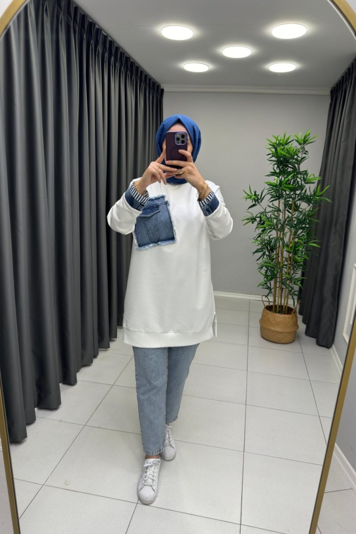 Kot Detaylı Puane Sweat  Beyaz