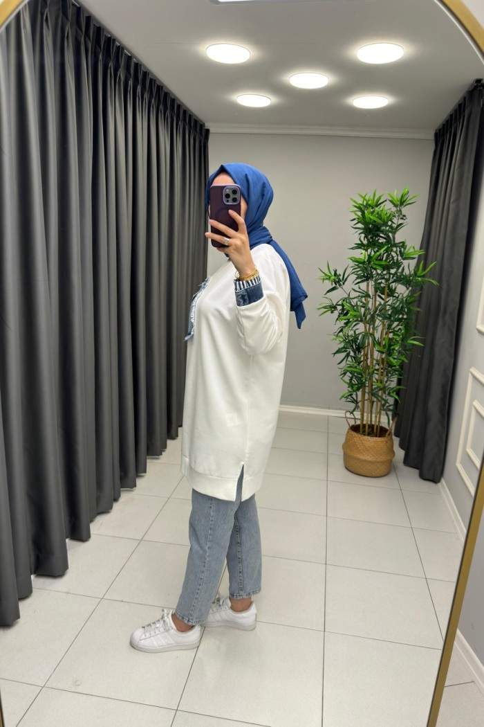 Kot Detaylı Puane Sweat  Beyaz