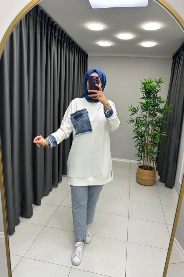 Kot Detaylı Puane Sweat  Beyaz