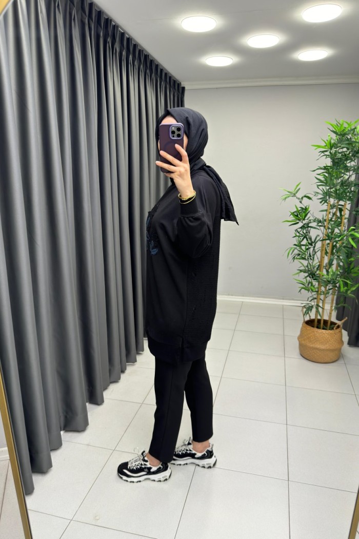 Örgü Detaylı Puane Sweat Siyah