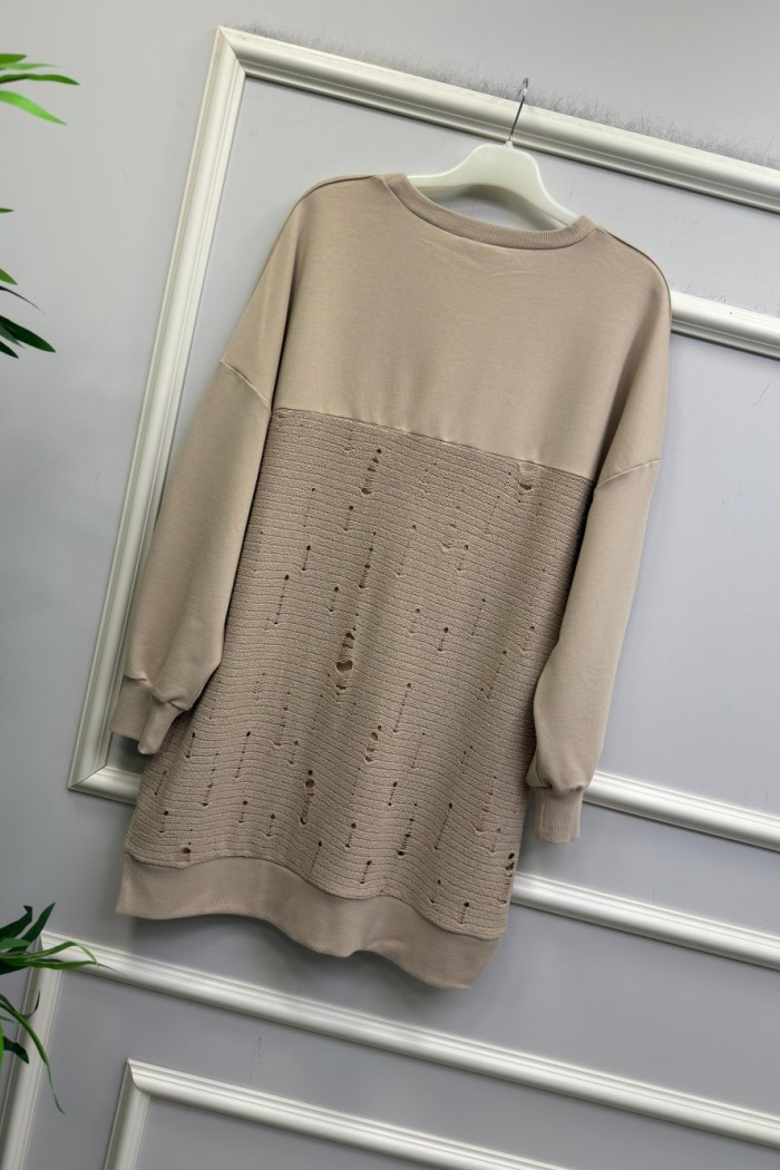 Örgü Detaylı Puane Sweat Bej