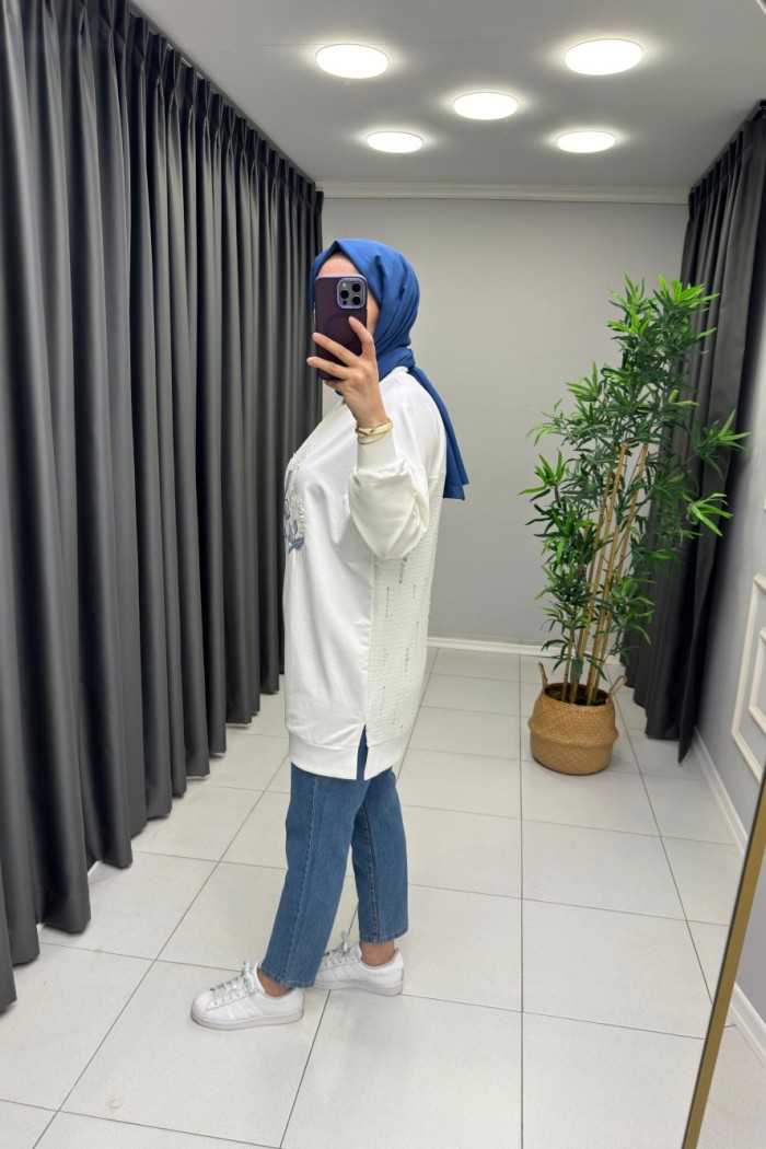 Örgü Detaylı Puane Sweat Beyaz