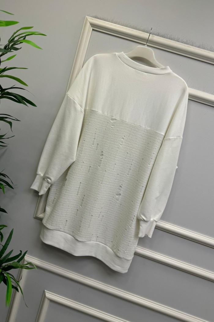 Örgü Detaylı Puane Sweat Beyaz