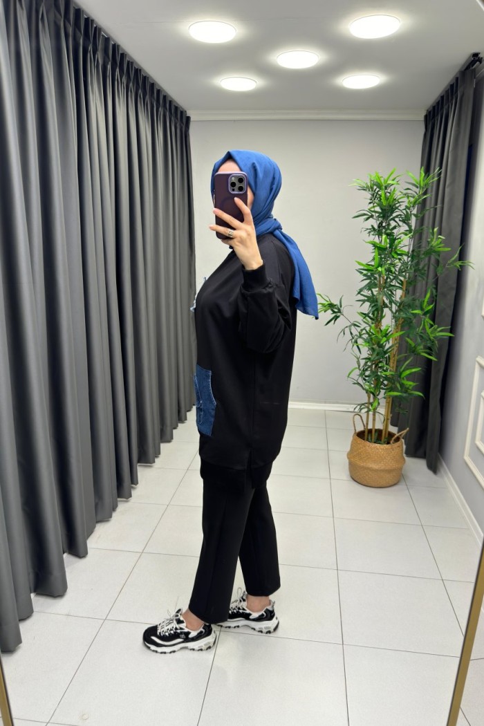 Kanguru Cep Detaylı Puane Sweat  Siyah