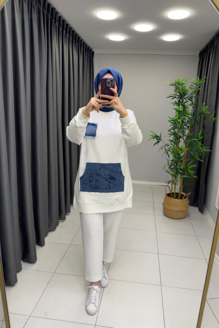 Kanguru Cep Detaylı Puane Sweat  Beyaz