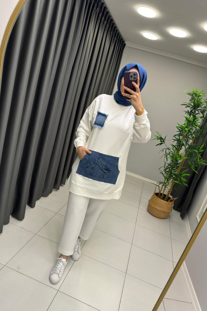 Kanguru Cep Detaylı Puane Sweat  Beyaz