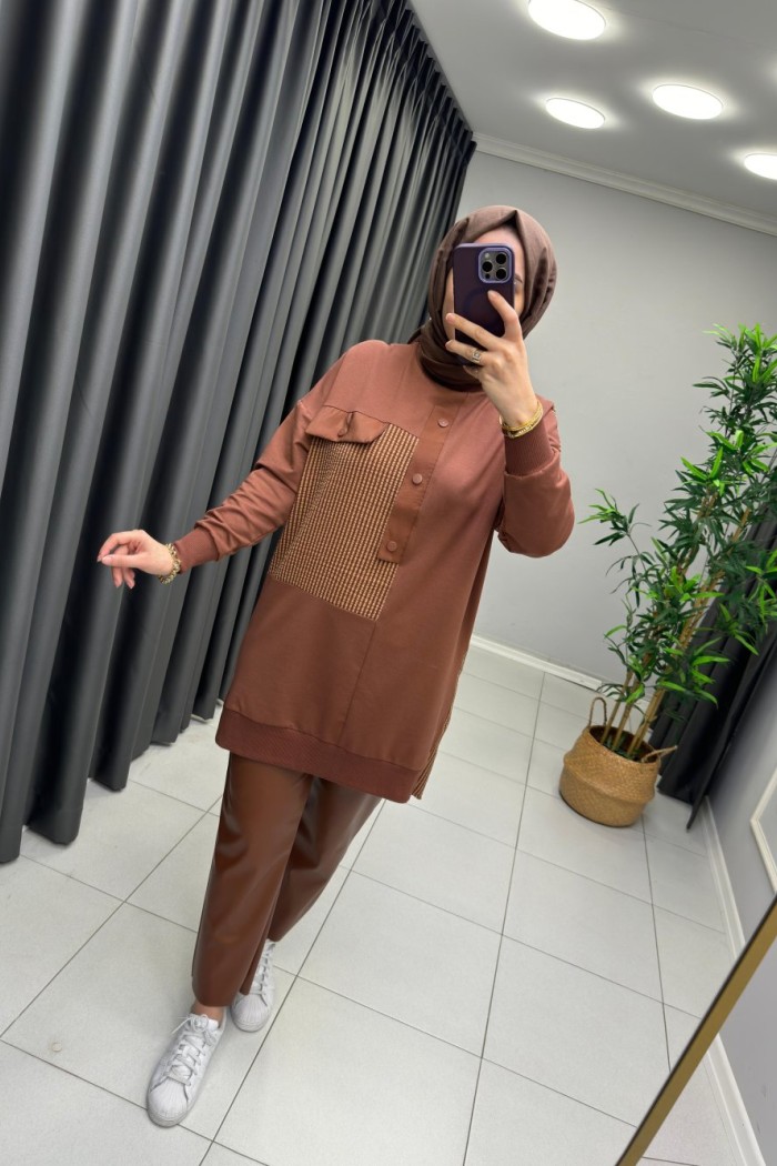 Gofre Kumaş Detaylı Puane Sweat  Kahverengi