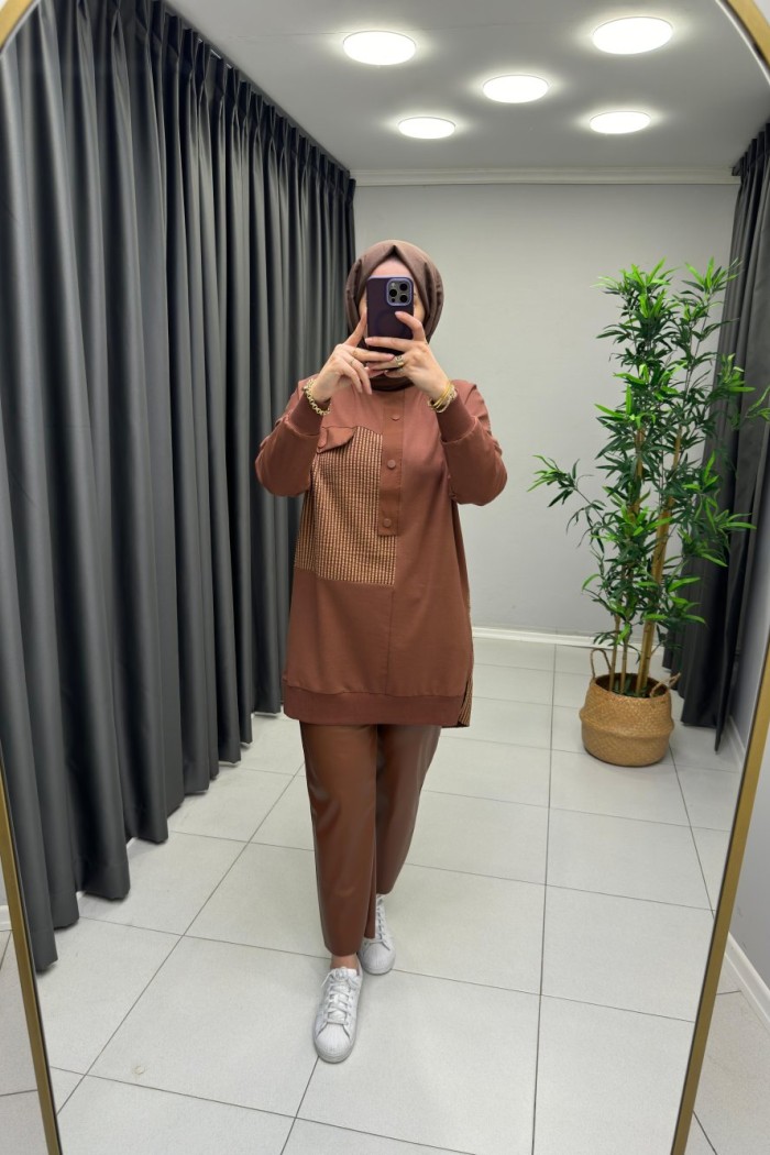 Gofre Kumaş Detaylı Puane Sweat  Kahverengi