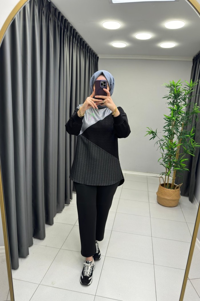 Kumaş Detaylı Puane Sweat  Siyah