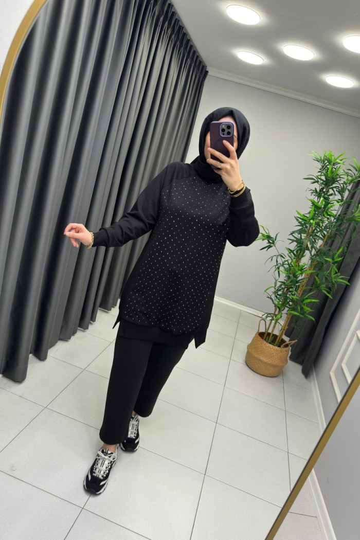 Parıltılı Puane Sweat Siyah