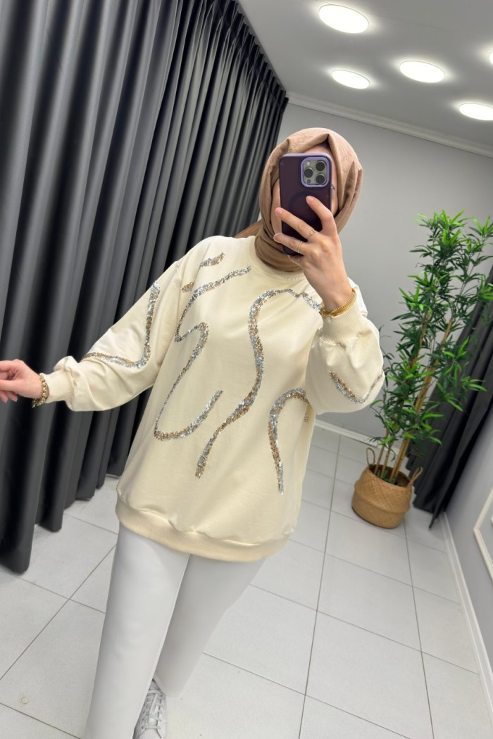 Pul Payet Detaylı Sweat Krem