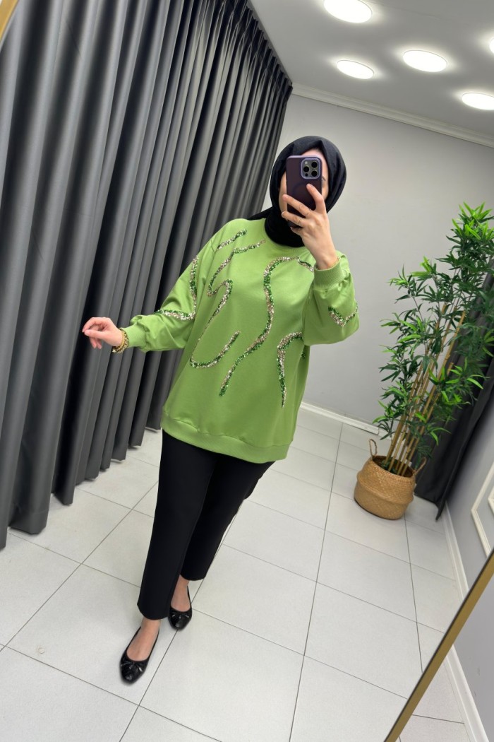 Pul Payet Detaylı Sweat Yeşil